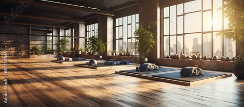 An unoccupied gym with open sunlit windows and a yoga mat on the wooden floor a contemporary loft studio designed for fitness and training featuring a cozy atmosphere exercise equipment and 