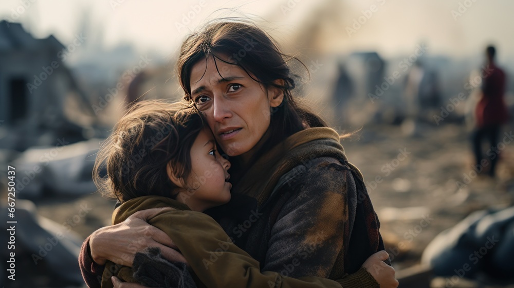 Mother hugging his son in disaster site, mother with son in war zone, disaster victims concept Mother hugging his son in disaster site, mother with son in war zone, disaster victims concept