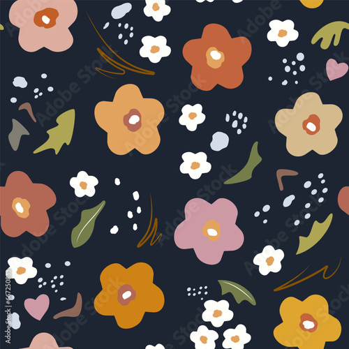 Creative seamless art pattern with abstract and floral elements on dark blue background. Suitable for fabric, wallpaper, paper, poster, greeting card, invitation, flyer, banner, brochure, page cover