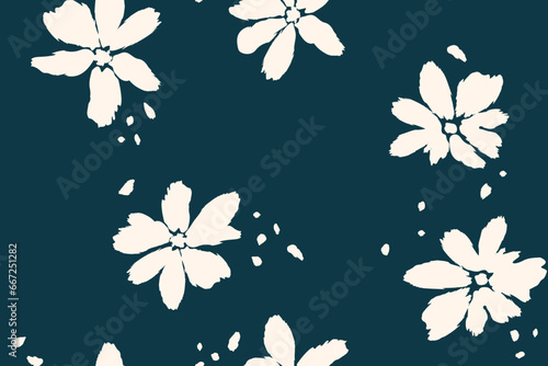 Large white flowers shaped by brush strokes. Seamless pattern on aquamarine blue background. Abstract botanical floral pattern. Vector monochrome modern design, banner, cover, wallpaper
