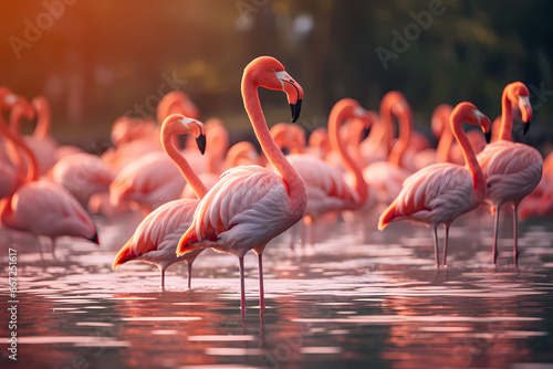 Group of flamboyance on water in the wild, wildlife photography. Generative Ai © Hamza