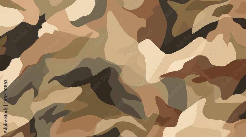 Desert-inspired camouflage pattern using earthy colors, angular shapes, and sharp edges. Mimicking rugged terrain, it blends olive green, khaki, and light brown. Ideal for military fashion Desert-inspired camouflage pattern using earthy colors, angular shapes, and sharp edges. Mimicking rugged terrain, it blends olive green, khaki, and light brown. Ideal for military fashion