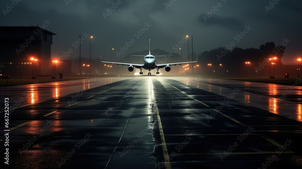 Airport during a heavy rainstorm. Bright runway lights illuminate the wet ground, creating reflections. The mist adds an otherworldly ambiance