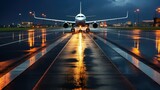 Busy airport during a heavy rainstorm. Passengers scurry with umbrellas on glistening tarmac. Vibrant lights illuminate the misty atmosphere