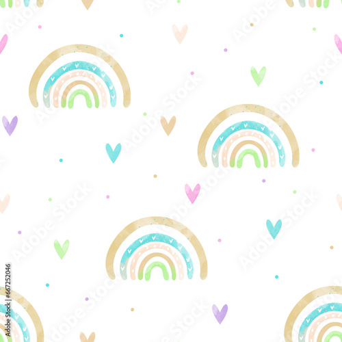 Fototapeta Naklejka Na Ścianę i Meble -  Nice baby neutral bohemian rainbows seamless pattern. Trend rainbows surface. Boho rainbows for baby shower invitations, cards, nursery room, posters, fabric.