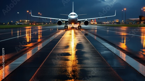 Busy airport during a heavy rainstorm. Passengers scurry with umbrellas on glistening tarmac. Vibrant lights illuminate the misty atmosphere