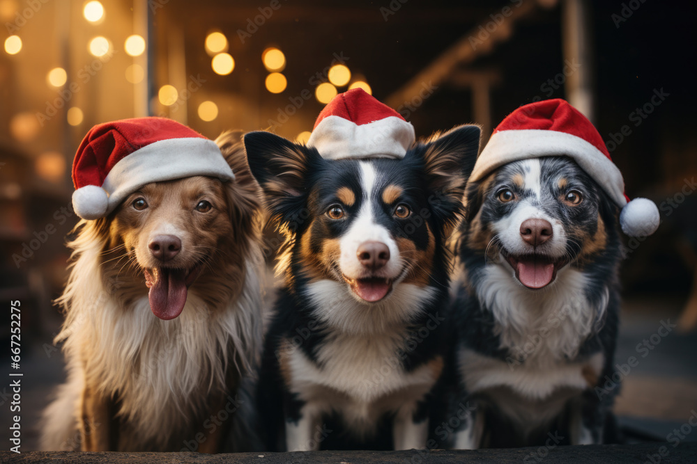 Hunde mit Weihnachtsmützen