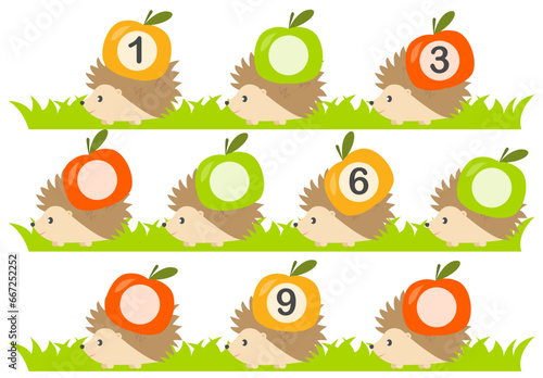 Educational game for kids, math activity worksheet. Fill in the missing numbers. Hedgehog with apple