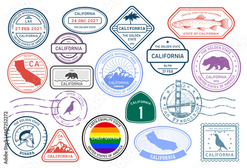 California stamps set, postage stamp with symbols of state and map outline, vector photo