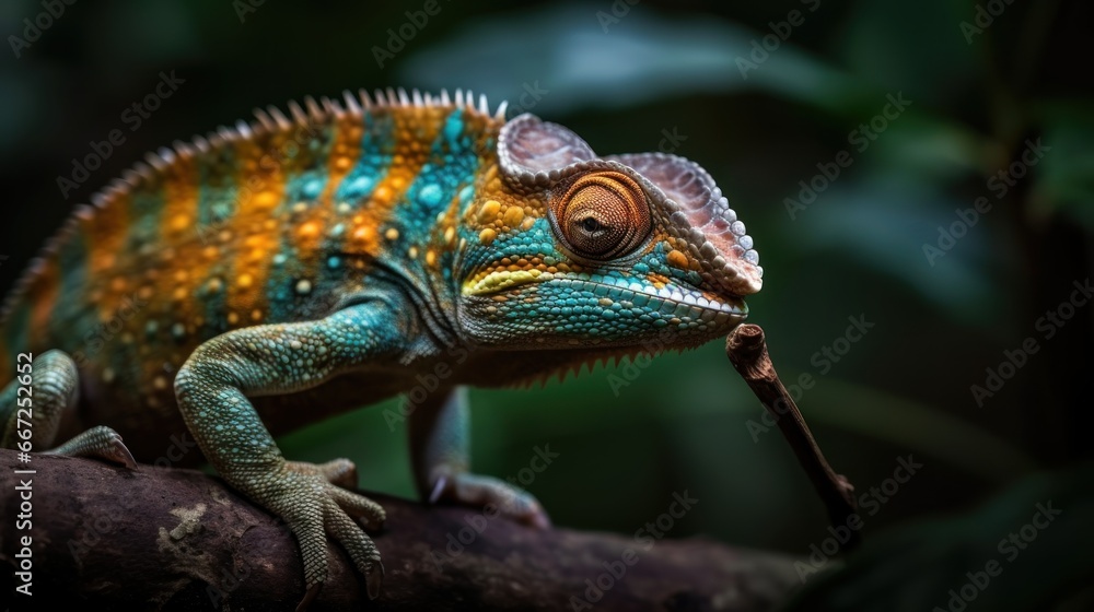 Close up of a colorful chameleon on a tree branch. Wildlife Concept. Background with Copy Space.