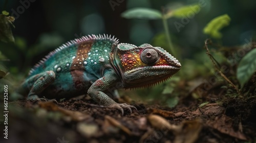 Chameleon on the ground in the forest. Close up. Wildlife Concept. Background with Copy Space.