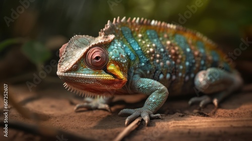 Close up of a chameleon  Chamaeleo calyptratus . Wildlife Concept. Background with Copy Space.