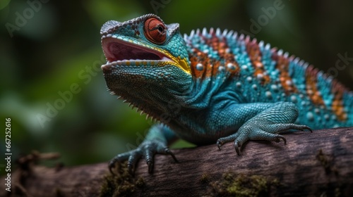 Close up of a colorful chameleon  Chamaeleo calyptratus . Wildlife Concept. Background with Copy Space.