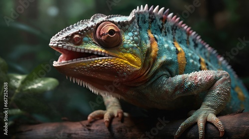 Close up of colorful chameleon, chamaeleo calyptratus. Wildlife Concept. Background with Copy Space. © John Martin