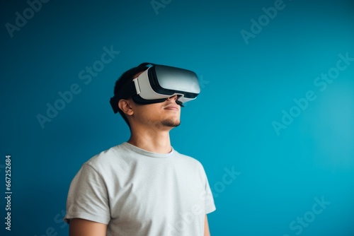 Asian man guy student computer technology male VR headset virtual reality goggles exploration metaverse modern advanced tech future progress playing cyber game experience gaming abstract background