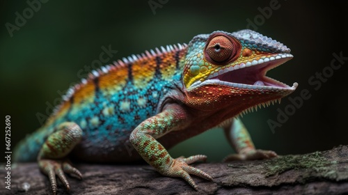 Colorful chameleon, Chamaeleo calyptratus. Wildlife Concept. Background with Copy Space.