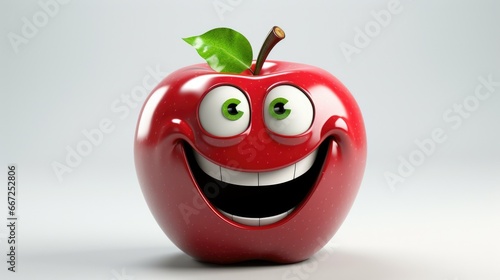 A hyper-realistic stock image of a shiny, smooth apple with a mischievous grin, sparkling eyes, and a vibrant red color. This fresh, juicy fruit personifies curiosity, mischief, and happiness photo