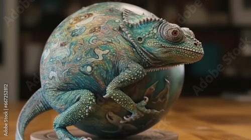 Toy chameleon on a globe in the living room. Wildlife Concept. Background with Copy Space.