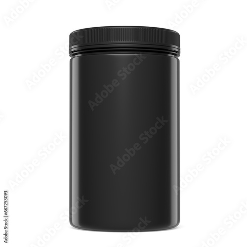 Black plastic jar for sport nutrition whey protein powder isolated on white