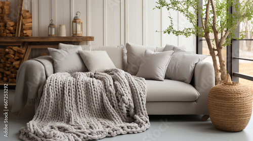 Chunky knit blanket: An inviting living room scene with a cozy, oversized hand-knitted blanket artfully draped over a couch