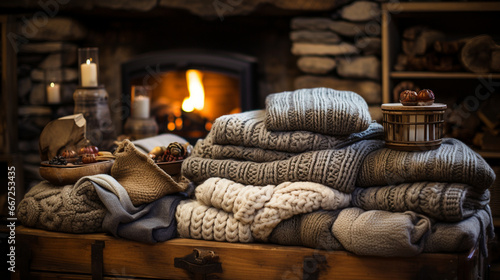 Farmhouse coziness: A rustic farmhouse interior adorned with hand-knitted blankets, exuding warmth and comfort