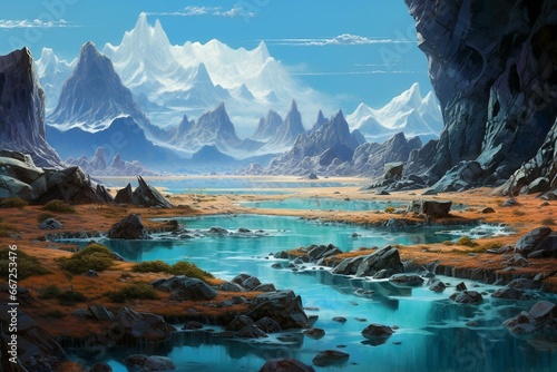 Extraterrestrial terrain. Land and water. Artwork. Generative AI