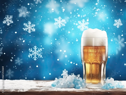 A glass of light beer on a snowy wooden table with falling snowflakes in the background. Free space for product placement or advertising text.