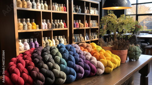 Yarn store allure: A quaint, well-stocked yarn store filled with skeins of colorful yarn for avid knitters to explore photo