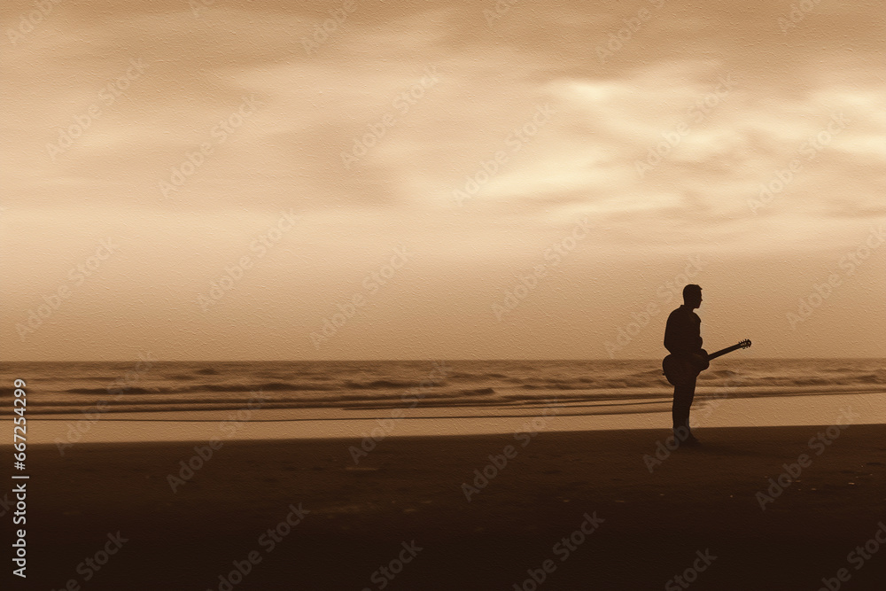 Solitude's Serenade: Sepia Silhouette, Guitar on Beach