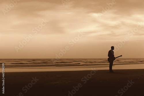 Solitude s Serenade  Sepia Silhouette  Guitar on Beach