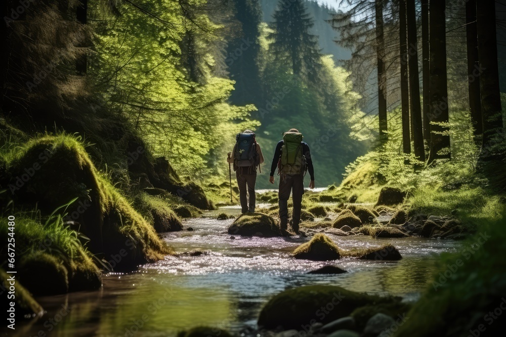 Nature Enthusiasts Trekking Along a Serene Forest River