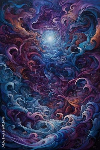 A non-objective abstract piece that visualizes the concept of cosmic turbulence, featuring turbulent, swirling forms and a cosmic palette of intense purples and cosmic blues.