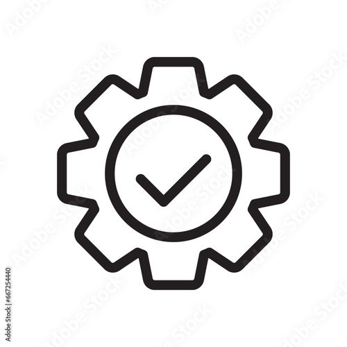 Check mark in gear icon, vector line icon.