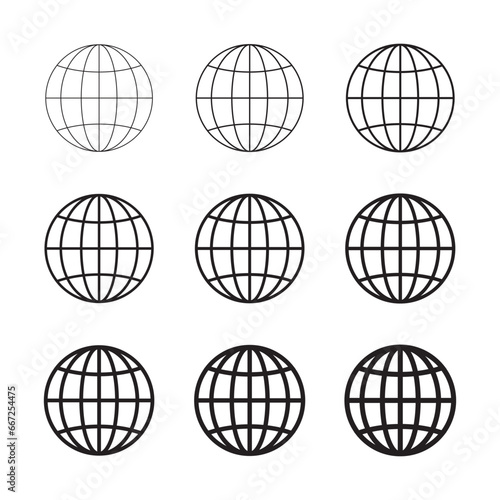 Globe icon, WWW world wide web set site symbol, Internet collection icon, website address globe, outline signs.