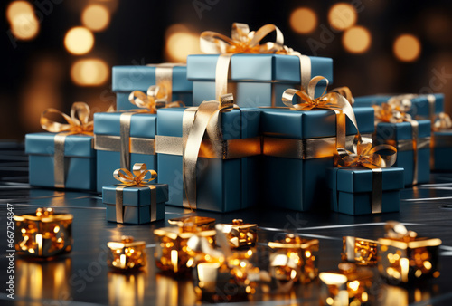 A breathtaking holiday scene with lgift boxes with gold ribbons and golden bokeh creates an enchanting atmosphere of celebration and joy. Boxing Day