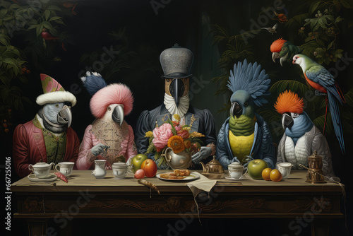 Obraz Egzotyczne papugi przy stole pełnym jedzenia. 