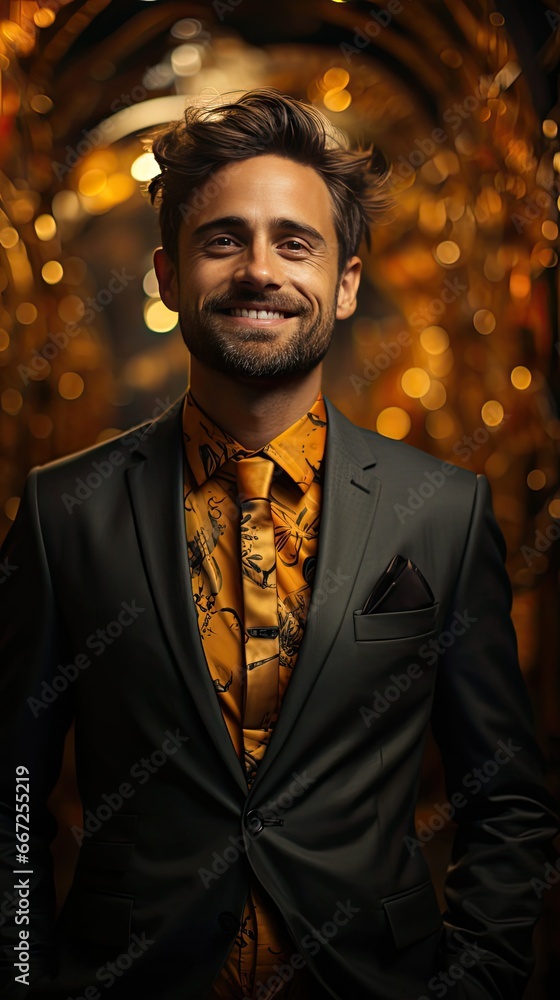 Image of happy brunette man wearing formal clothes smiling at camera with hands in pockets over background. Man portrait illustration. Generative AI Image of happy brunette man wearing formal clothes smiling at camera with hands in pockets over background. Man portrait illustration. Generative AI