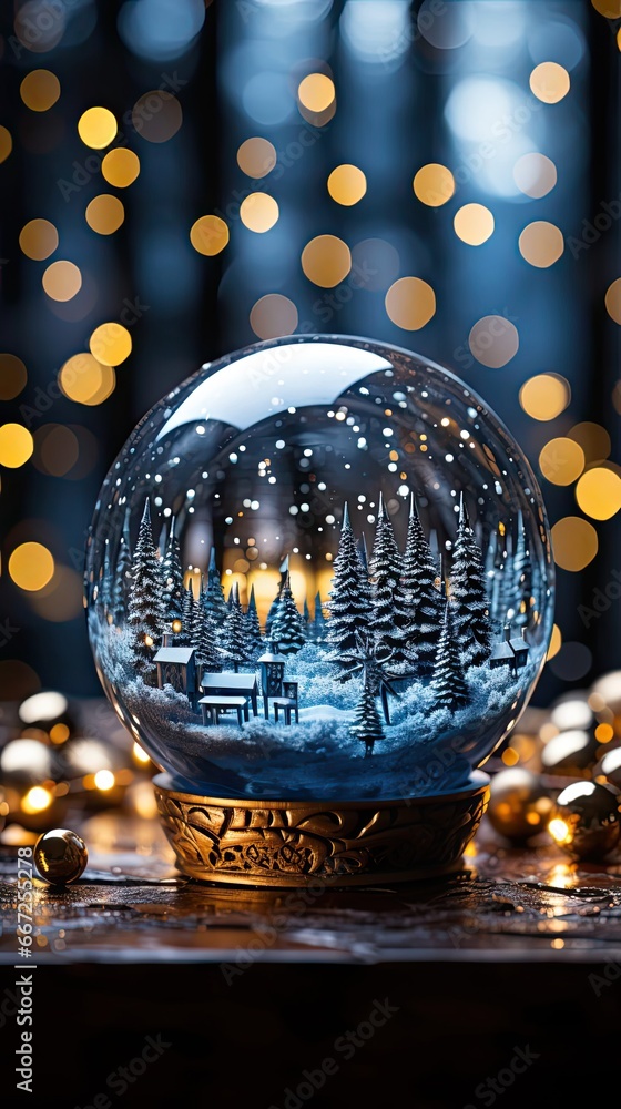 Fototapeta premium Snow globe on festive background. Christmas snow globe. Generative AI