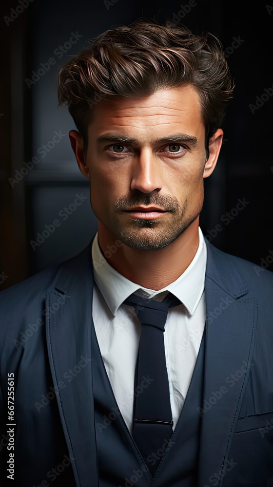 Portrait of handsome caucasian man in formal suit looking at camera smiling with toothy smile in background. Man portrait illustration. Generative AI Portrait of handsome caucasian man in formal suit looking at camera smiling with toothy smile in background. Man portrait illustration. Generative AI