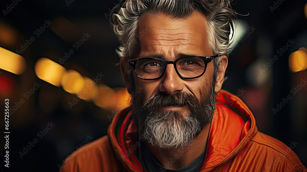 Portrait of happy mature man wearing spectacles and looking at camera outdoor. Man with beard and glasses feeling confident. Close up face of hispanic business man smiling. Generative AI Portrait of happy mature man wearing spectacles and looking at camera outdoor. Man with beard and glasses feeling confident. Close up face of hispanic business man smiling. Generative AI
