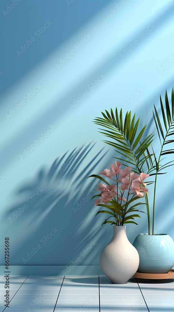 Blurred shadow from palm leaves on the light blue wall. Minimal abstract background for product presentation. Spring and summer. Background with shadow. Generative AI Blurred shadow from palm leaves on the light blue wall. Minimal abstract background for product presentation. Spring and summer. Background with shadow. Generative AI
