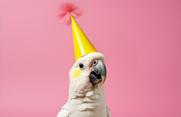 Happy white cockatoo parrot with yellow cheeks wearing party paper hat with pink tassel pompom. Smiling pet bird, Australian animal. Pink background. Funny birthday party, new year celebration banner.
