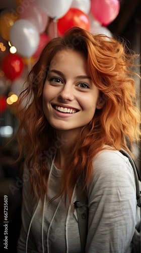 Happy cheerful young woman wearing her red hair in bun rejoicing at positive news or birthday gift, looking at camera with joyful and charming smile. Model portrait illustration. Generative AI