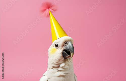 Happy white cockatoo parrot with yellow cheeks wearing party paper hat with pink tassel pompom. Smiling pet bird, Australian animal. Pink background. Funny birthday party, new year celebration banner.