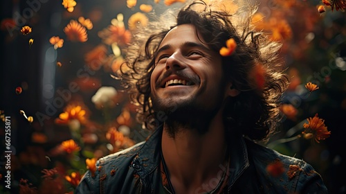 Young Brazilian man on background laughing. Model portrait illustration. Generative AI