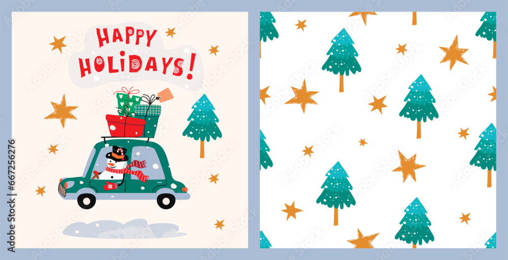 Naklejka premium Happy Holidays collection with cartoon snowman driving a car,Christmas trees,stars and gifts.Funny greeting card with hand lettering and seamless repeat pattern.Vector seasonal illustration on white.