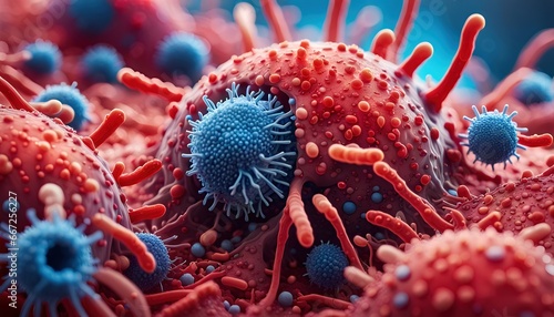 Lymphocytes cell in the immune system reacting and attacking a migrating and spreading cancer cell - illustration photo