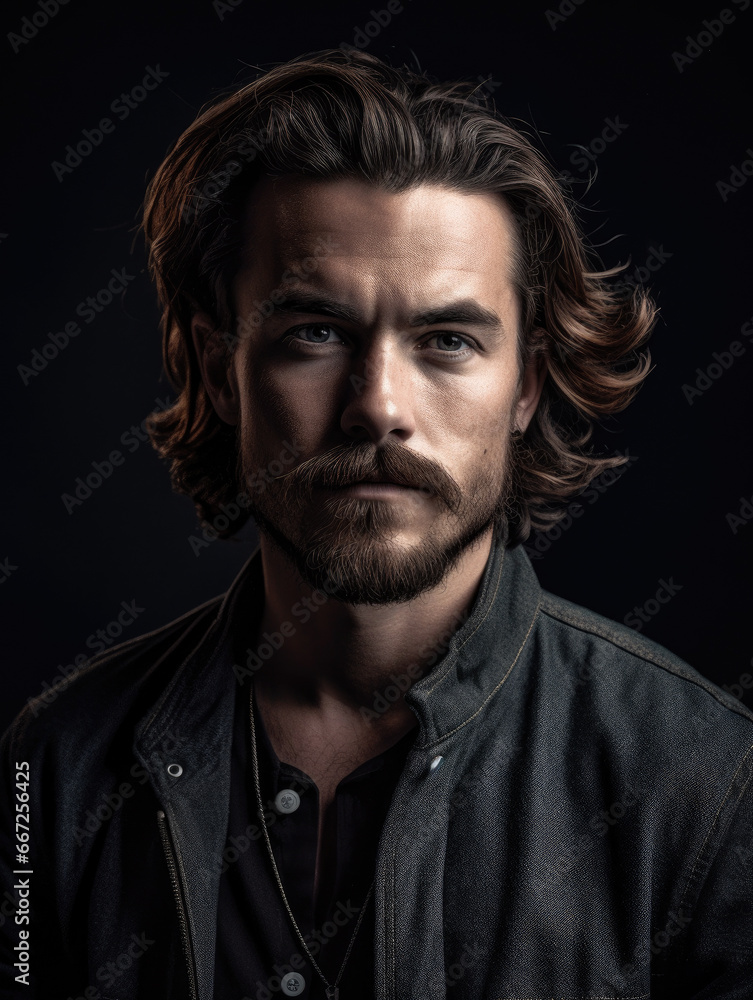 Man with long hair and beard posing against a black background.