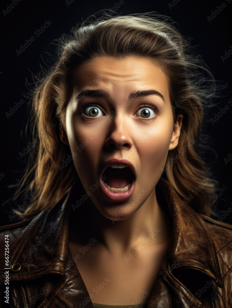 Woman with a shocked expression on a black background.