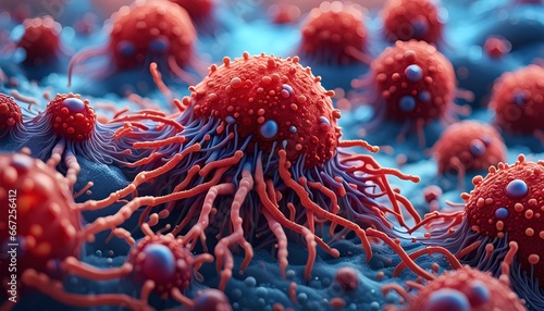 Lymphocytes cell in the immune system reacting and attacking a migrating and spreading cancer cell - illustration photo